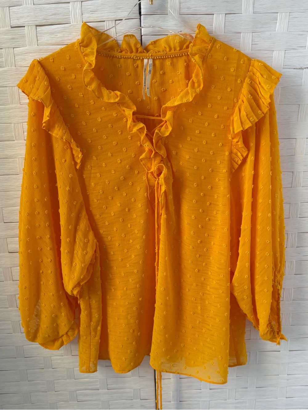Anthropologie Size XL Mustard Ruffle Swiss Dot Blouse Tie Front 3/4 Sleeve